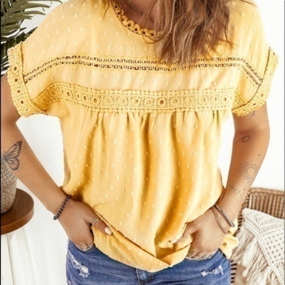 Swiss Dot Lace Splicing Short Sleeve Top